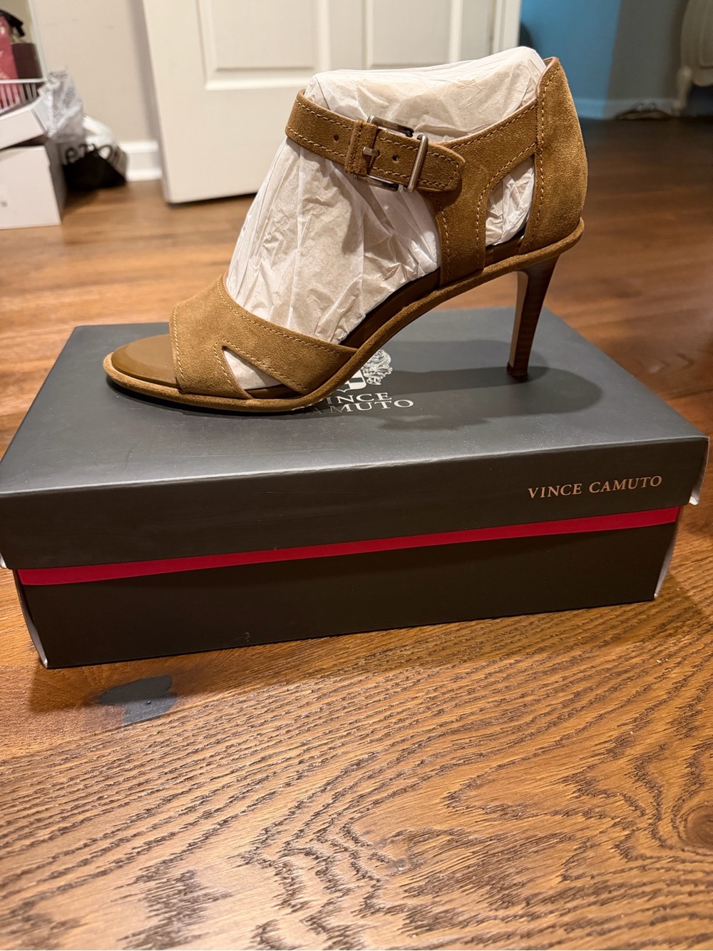 Vince Camuto Tan Suede Open-Toe Buckle Heel